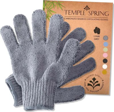 Temple Spring Exfoliating Gloves - Rayon Bamboo Bath/Shower Gloves, Bath Gloves for Shower Exfoliating and Ingrown Hair/Dead Skin Remover - Exfoliator Mitt Scrub Gloves - Grey