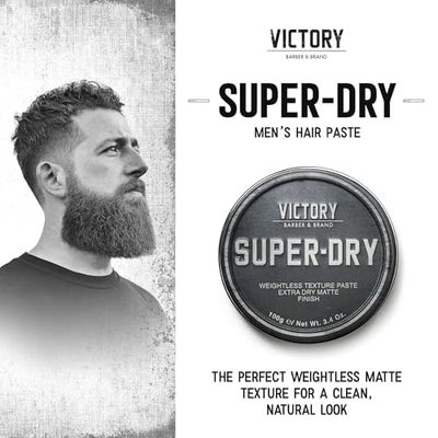 Victory Barber &amp; Brand Super-Dry Men's Hair Paste | Oil-Free Texture Paste for Men with Oil Control, Natural Woodsy Scent, Matte Finish, and Hair Products Usage | 3.1 Ounce