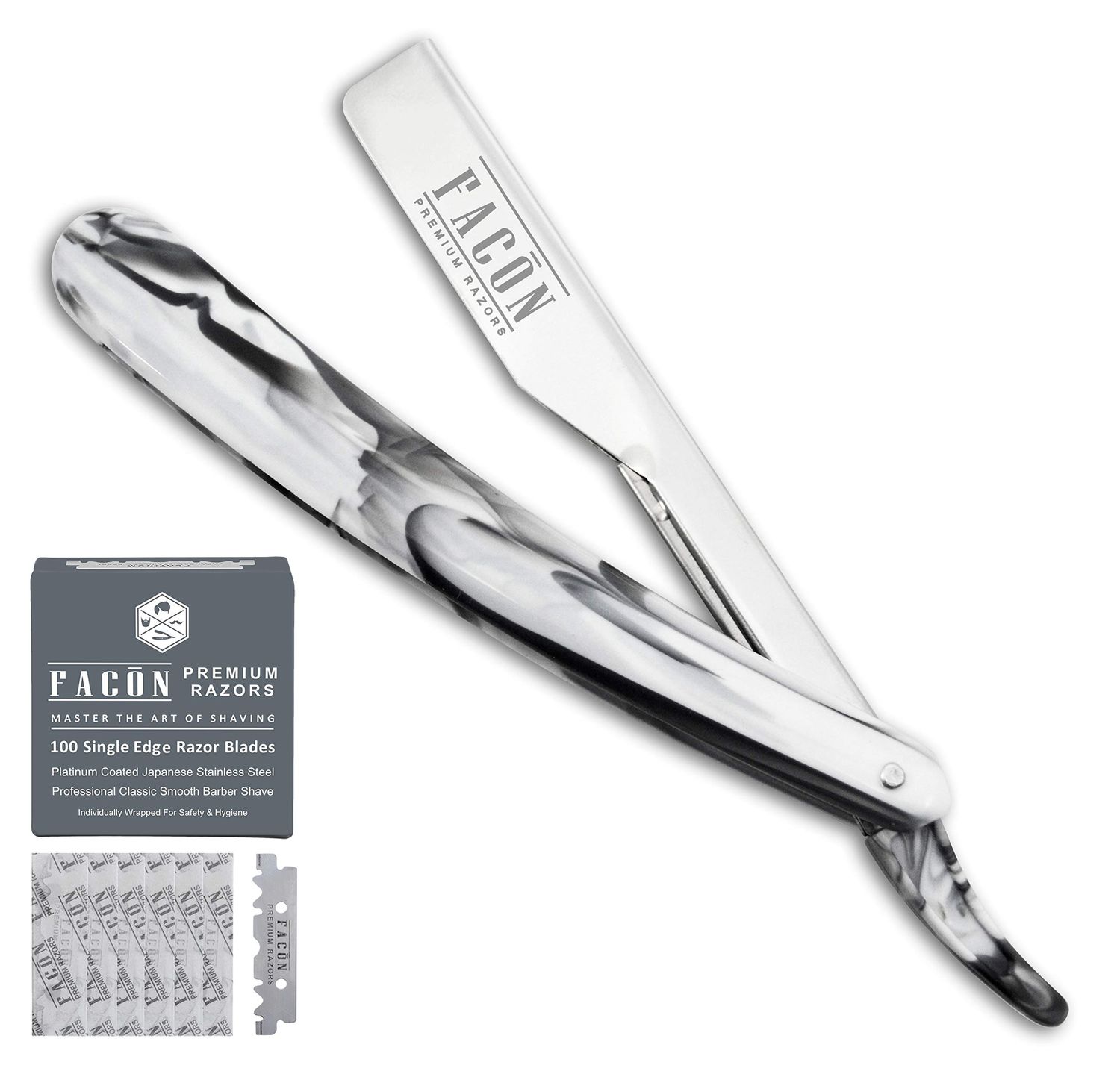 100 BLADES + Facn Professional Marble Straight Edge Barber Razor - Salon Quality Cut Throat Shavette