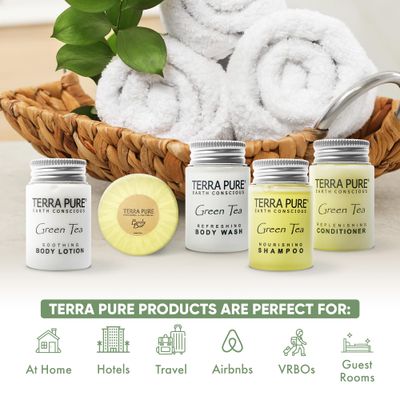 Terra Pure Hotel Soaps and Toiletries Bulk Set | 1-Shoppe All-In-Kit Amenities for Hotels | 1oz Hotel Shampoo & Conditioner, Body Wash, Body Lotion & 1.25oz Bar Soap Travel Size | 300 Pieces