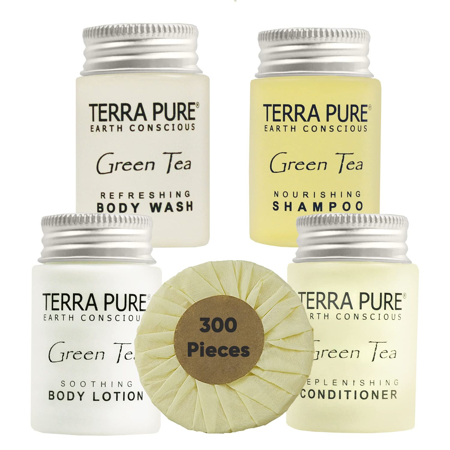 Terra Pure Hotel Soaps and Toiletries Bulk Set | 1-Shoppe All-In-Kit Amenities for Hotels | 1oz Hotel Shampoo &amp; Conditioner, Body Wash, Body Lotion &amp; 1.25oz Bar Soap Travel Size | 300 Pieces