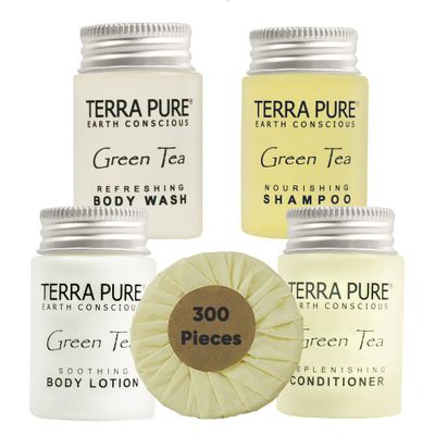 Terra Pure Hotel Soaps and Toiletries Bulk Set | 1-Shoppe All-In-Kit Amenities for Hotels | 1oz Hotel Shampoo &amp; Conditioner, Body Wash, Body Lotion &amp; 1.25oz Bar Soap Travel Size | 300 Pieces