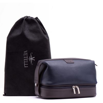 Vetell Leo Large Leather Men&#39;s Travel Toiletry and Shaving Case Bag with Upper and Lower Zippered Compartments, 3 Interior Loops and Carrying Handles