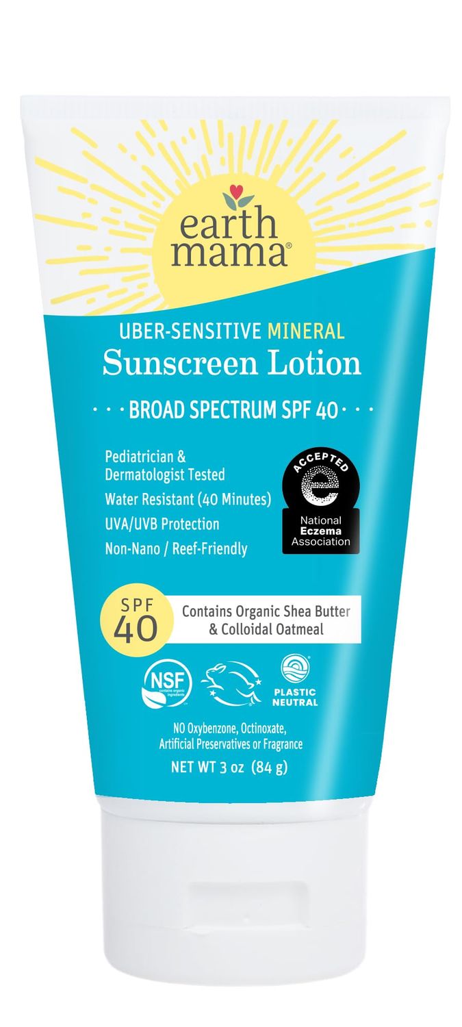 Earth Mama Uber-Sensitive Mineral Sunscreen Lotion SPF 40 | Reef Safe, Non-Nano Zinc, Contains Organic Colloidal Oatmeal | Steroid-Free Eczema Cream for Baby, Kid &amp; Family, 3-Ounce