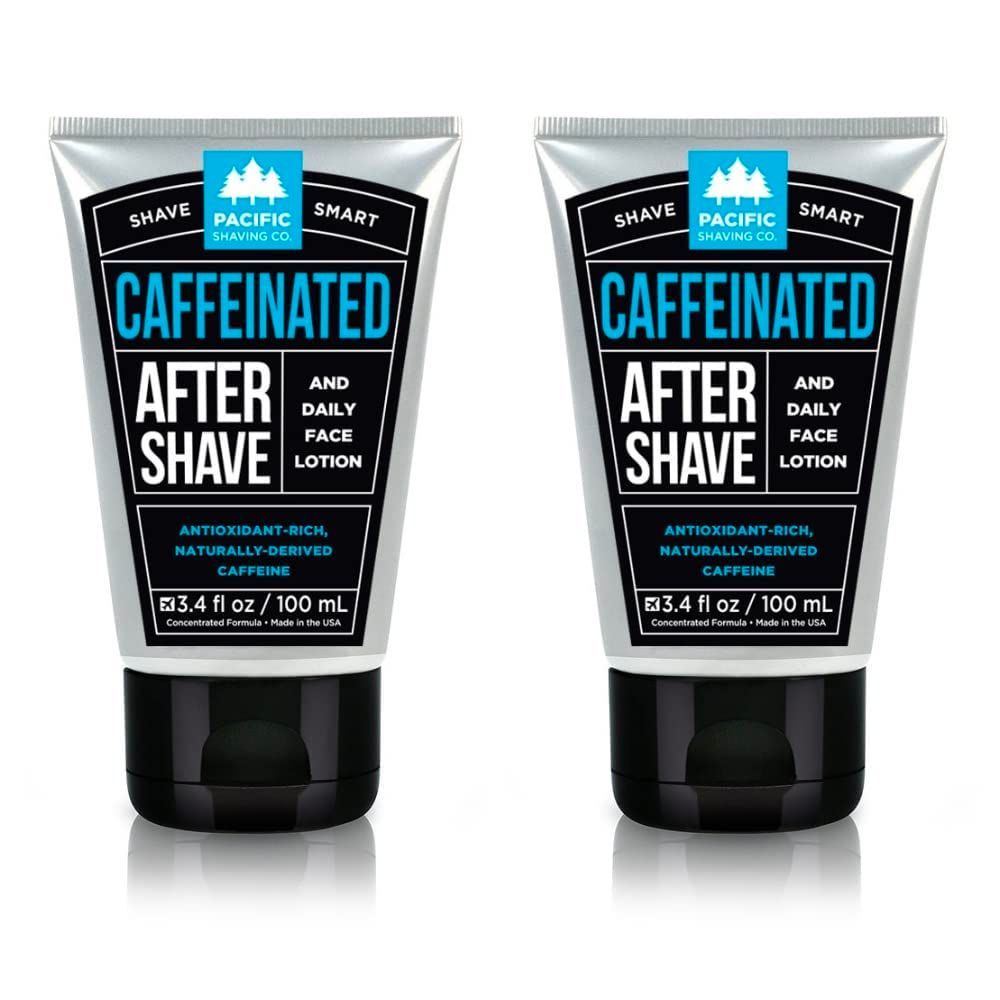 Pacific Shaving Company Caffeinated Aftershave, Men&#39;s Grooming Product - Antioxidant Daily Face Lotion + After Shave - Soothing Aloe &amp; Spearmint Post Shave Balm for Sensitive Skin (3.4 Fl Oz, 2 Pack)