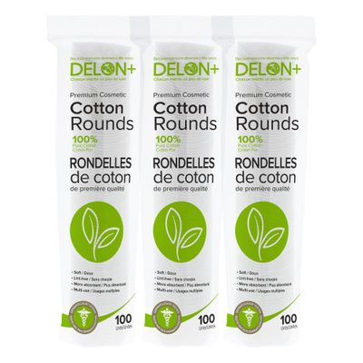 DELON Premium Cosmetic Cotton Rounds, 100 Count (Pack of 3)