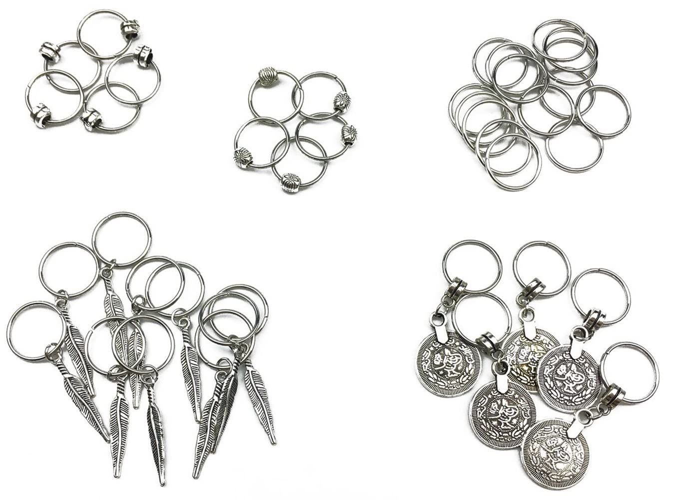 Hyamass 40pcs Antique Silver Ring Feather Coin Bead Charms Pendant Braid Hair Clip Headband Hair Accessories