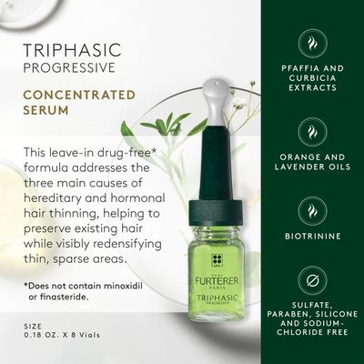 Ren Furterer TRIPHASIC Progressive Concentrated Serum - Hereditary &amp; Hormonal Thinning Hair - Receding Hairline - Drug-Free - 8 ct., 30-Day Supply
