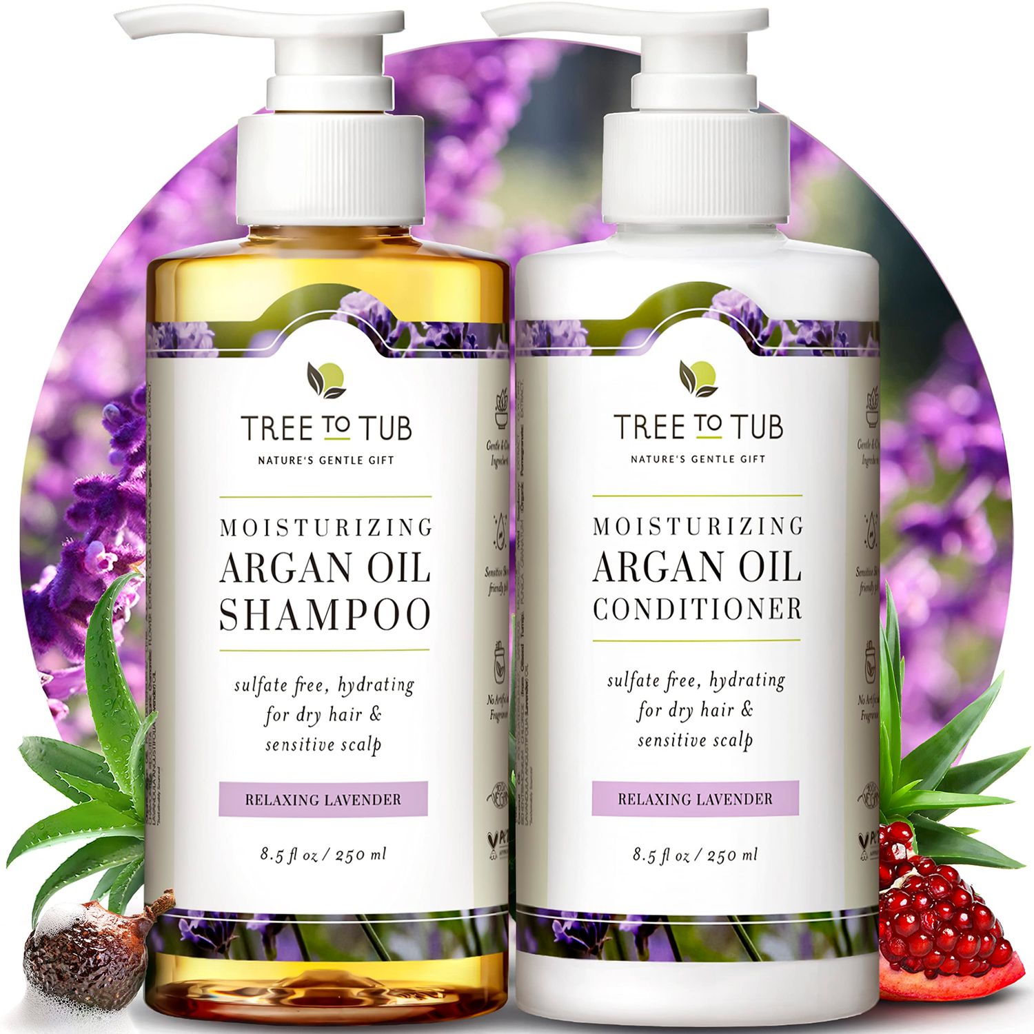 Tree To Tub Hydrating Sulfate Free Shampoo and Conditioner Set for Dry Hair, Dry Scalp, Frizz - Moisturizing Argan Oil Shampoo and Conditioner for Women &amp; Men w/Organic Aloe Vera All Natural Lavender