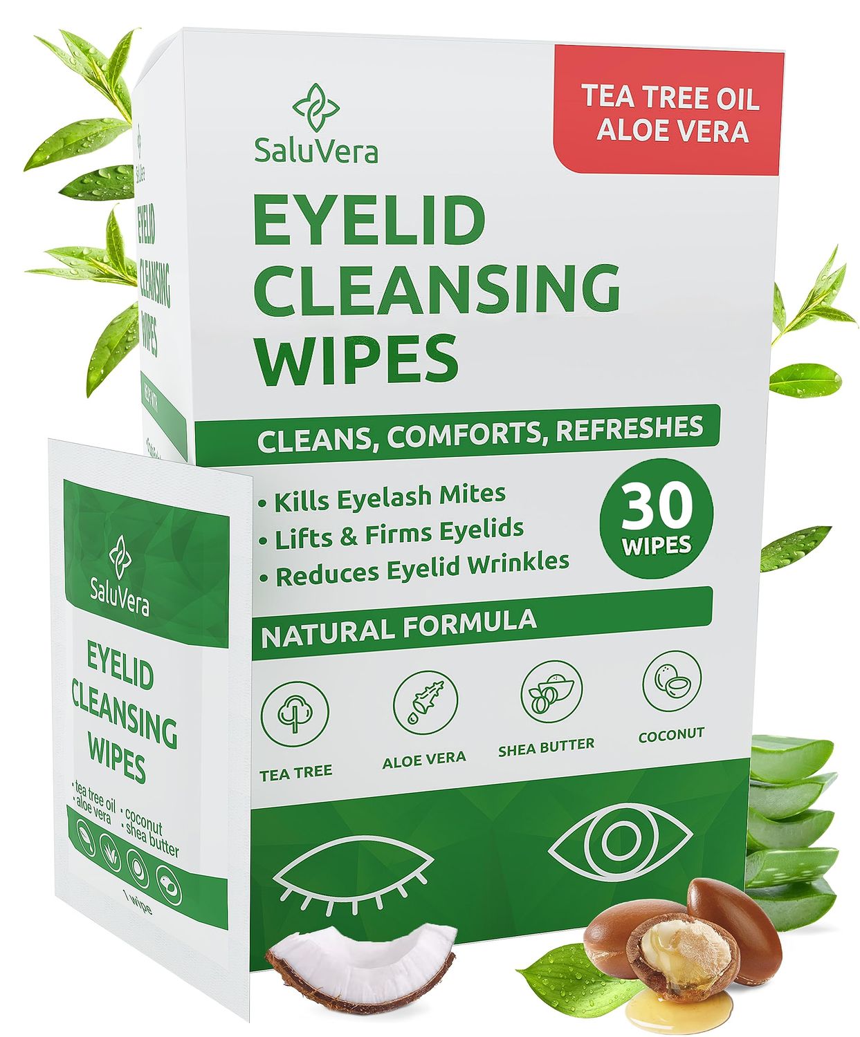 SaluVera Eyelid Wipes with Tea Tree and Aloe Vera | Eye Lid Cleaning Wipes for Dry and Itchy Eyes Relief | Natural Ingredients Eyelid Scrub for Daily Usage - Pack of 30