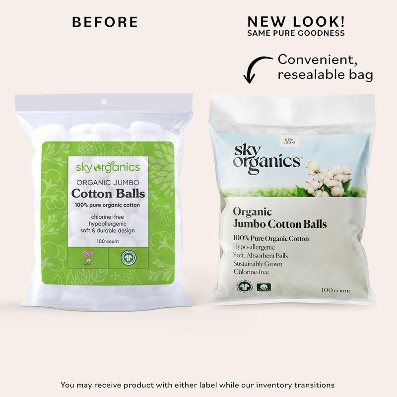 Sky Organics Organic Jumbo Cotton Balls for Sensitive Skin, 100% Pure Organic Cotton Sustainably Grown, Chlorine Free, Hypoallergenic, Ultra-Soft and Absorbant for Beauty&amp;Personal Care, 300 ct