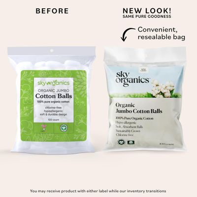 Sky Organics Organic Jumbo Cotton Balls for Sensitive Skin, 100% Pure Organic Cotton Sustainably Grown, Chlorine Free, Hypoallergenic, Ultra-Soft and Absorbant for Beauty&amp;Personal Care, 300 ct