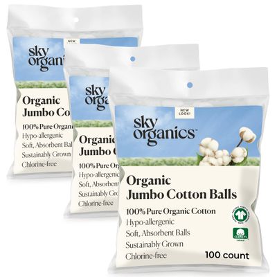 Sky Organics Organic Jumbo Cotton Balls for Sensitive Skin, 100% Pure Organic Cotton Sustainably Grown, Chlorine Free, Hypoallergenic, Ultra-Soft and Absorbant for Beauty&amp;Personal Care, 300 ct