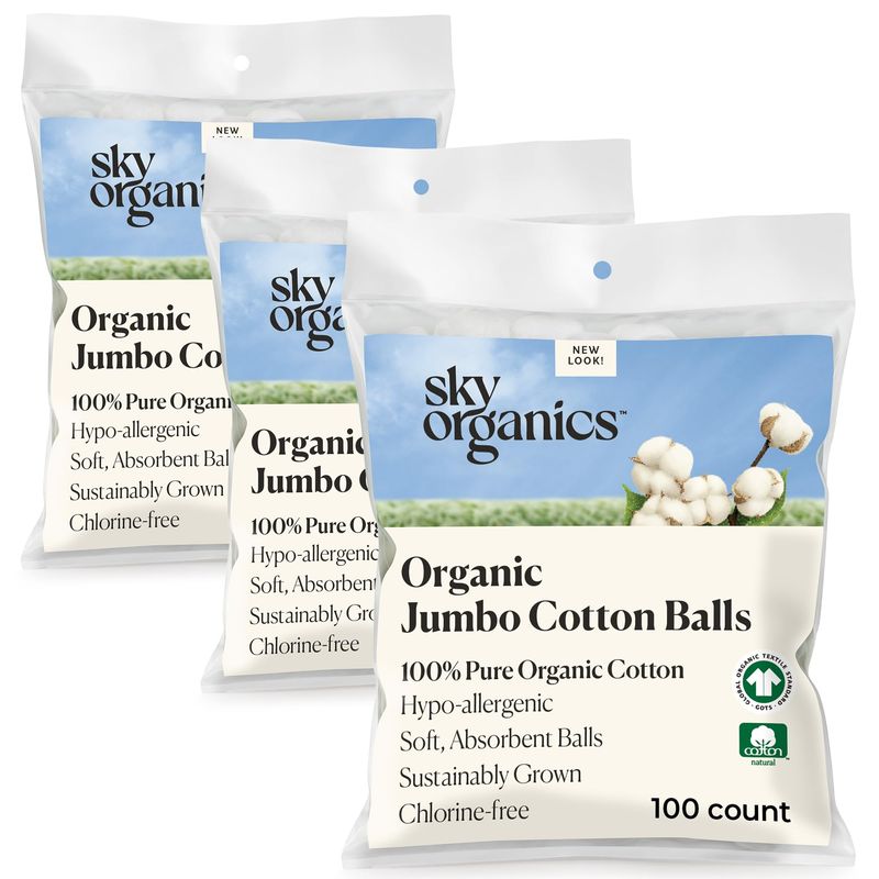 Sky Organics Organic Jumbo Cotton Balls for Sensitive Skin, 100% Pure Organic Cotton Sustainably Grown, Chlorine Free, Hypoallergenic, Ultra-Soft and Absorbant for Beauty&amp;Personal Care, 300 ct
