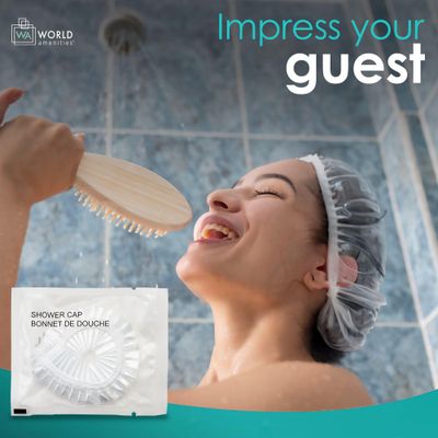 World Amenities Waterproof Shower Cap (Clear Frosted Sachet), Travel Size Hotel Amenities, Airbnb, Pack of 48