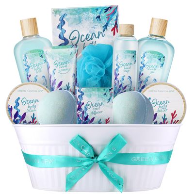 Spa Gift Baskets for Women, Bath and Body Gift Set for Women, 12Pcs Ocean Spa Sets Includes Bubble Bath, Body Lotion,Bath Gifts for Women, Christmas Spa Basket Bath Set
