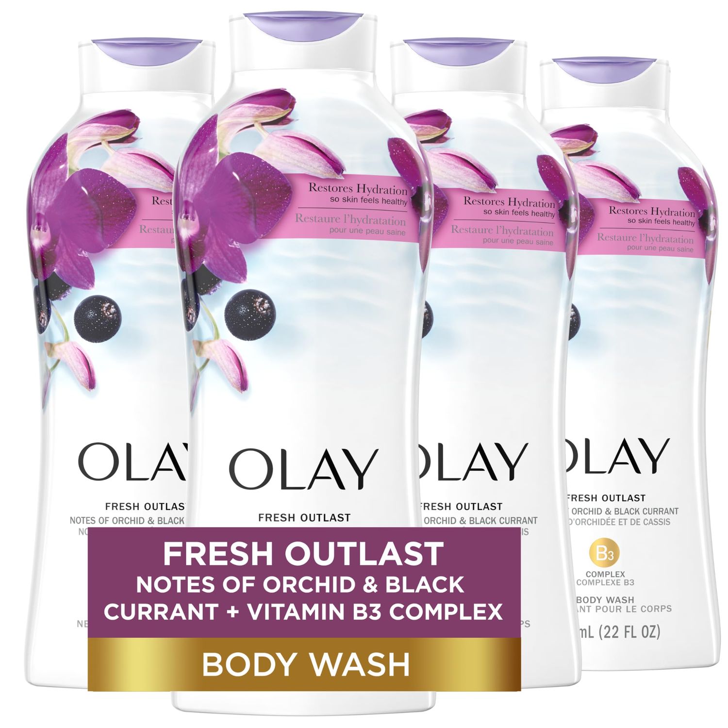 Olay Fresh Outlast Body Wash for Women, Restores Hydration for Smooth &amp; Healthy Skin, Orchid &amp; Black Scent, 22 oz (Pack of 4)