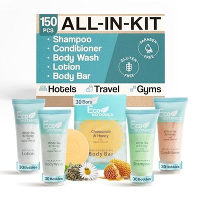 Eco Botanics Hotel Soaps and Toiletries Bulk Set | 1-Shoppe All-In-Kit Amenities for Hotels | 0.85oz Hotel Shampoo &amp; Conditioner, Body Wash, Body Lotion &amp; 0.89oz Bar Soap Travel Size | 150 Pieces