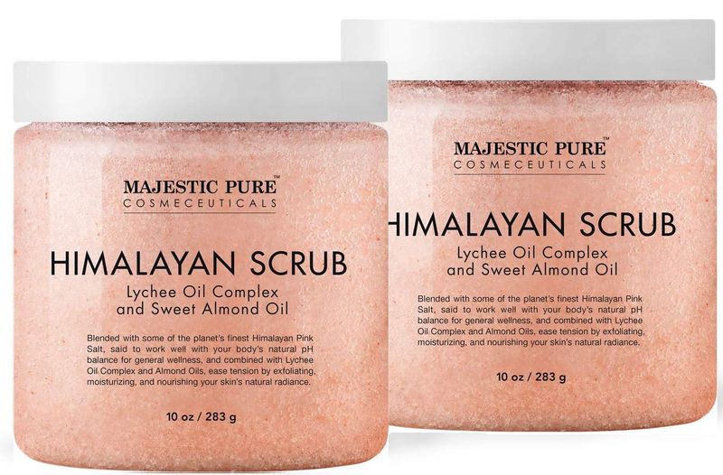 MAJESTIC PURE Himalayan Pink Salt Body Scrub with Lychee Oil and Sweet Almond Oil | Exfoliating Body Scrub for Skin Care, Stretch Marks, Acne, Cellulite | Body Scrub Exfoliator |10 oz (Pack of 2)