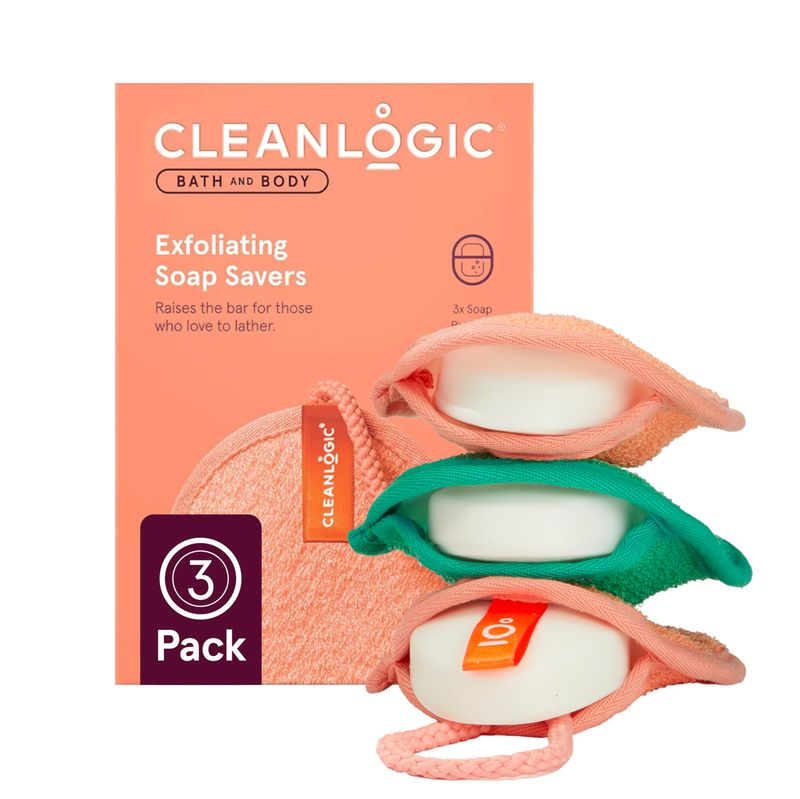 Cleanlogic Bath &amp; Body Exfoliating Soap Saver, Exfoliator Scrubber Pouch, Daily Skincare Routine for Smooth Clean Skin, Assorted Colors, 3 Count Value Pack