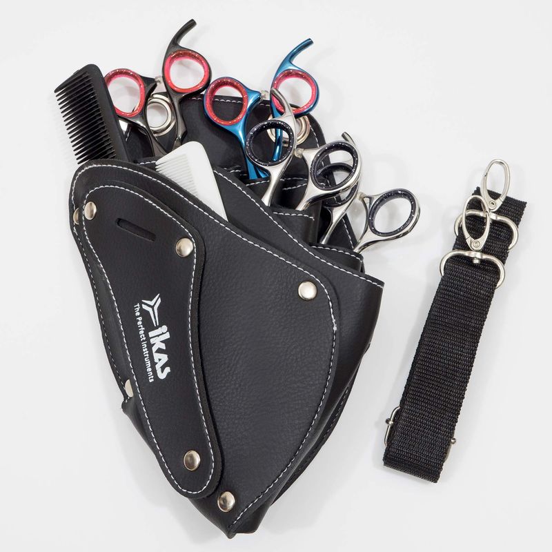 IKAS Barber Scissor Pouch Holster with Belt for Hairdressers IKAS, Salon Hair Stylist Barber Scissors Shear Hairdressing Waist Holder Case Bag, Real PU Leather Black