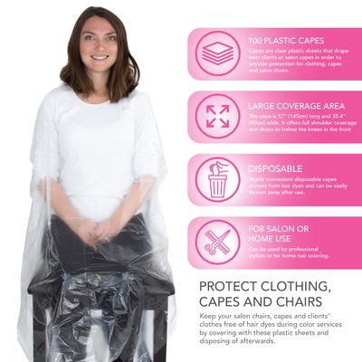 Disposable Capes Hair Salon - 100 Plastic Capes - Disposable Salon Capes - Plastic Salon Cape - Color Capes for Salon Hair Coloring - Disposable Shampoo Capes