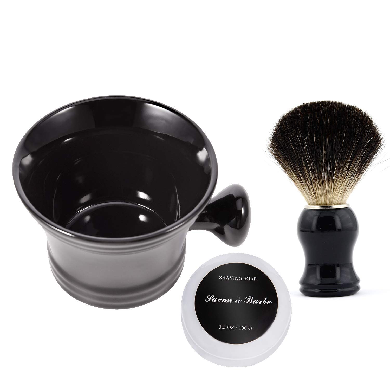 Ceramic Shaving Soap Bowl Kit For Men, Pure Badger Shaving Brush, Shaving Cream Soap, Wide Mouth, Ceramic Black Shaving Soap Bowl/Mug with Knob Handle