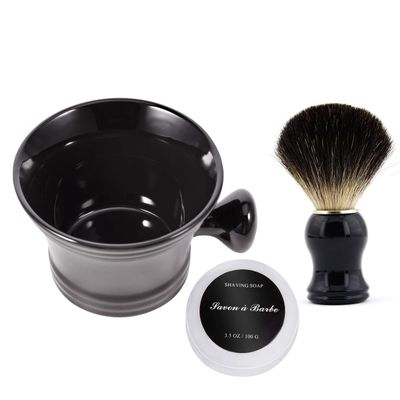 Ceramic Shaving Soap Bowl Kit For Men, Pure Badger Shaving Brush, Shaving Cream Soap, Wide Mouth, Ceramic Black Shaving Soap Bowl/Mug with Knob Handle