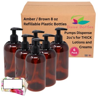 Baire Bottles 8 oz Empty Refillable Plastic Pump Bottles Dispenser 6 Pk PET BPA Free Refillable for Thick Shampoo Lotion Soap - Waterproof Labels USA (Amber/Brown with Black Lotion Pump Floral Labels)