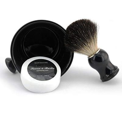 Ceramic Shaving Soap Bowl Kit For Men, Pure Badger Shaving Brush, Shaving Cream Soap, Wide Mouth, Ceramic Black Shaving Soap Bowl/Mug with Knob Handle