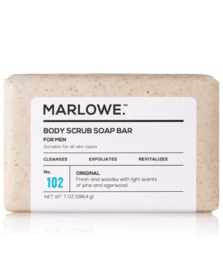 MARLOWE. No. 102 Men&#39;s Body Scrub Soap 7 oz, Fresh Original Woodsy Scent, Best Exfoliating Bar for Men, Made with Natural Ingredients, Apricot Seed Powder, Shea Butter, Olive Oil, Green Tea Extracts