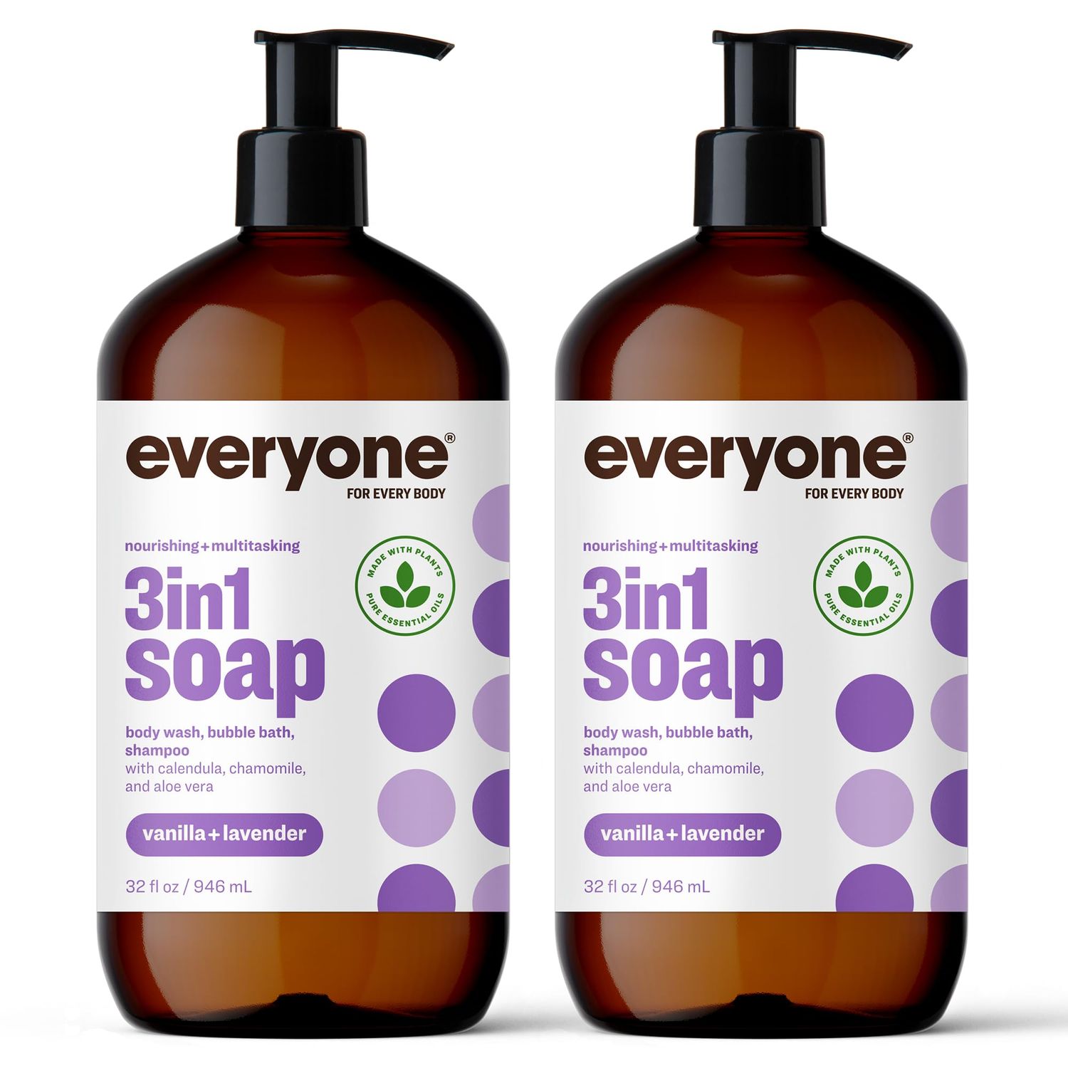 Everyone 3-in-1 Soap, Body Wash, Bubble Bath, Shampoo, 32 Ounce, Vanilla and Lavender, Coconut Cleanser with Plant Extracts and Pure Essential Oils (Pack of 2)