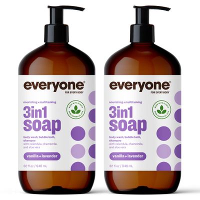 Everyone 3-in-1 Soap, Body Wash, Bubble Bath, Shampoo, 32 Ounce, Vanilla and Lavender, Coconut Cleanser with Plant Extracts and Pure Essential Oils (Pack of 2)