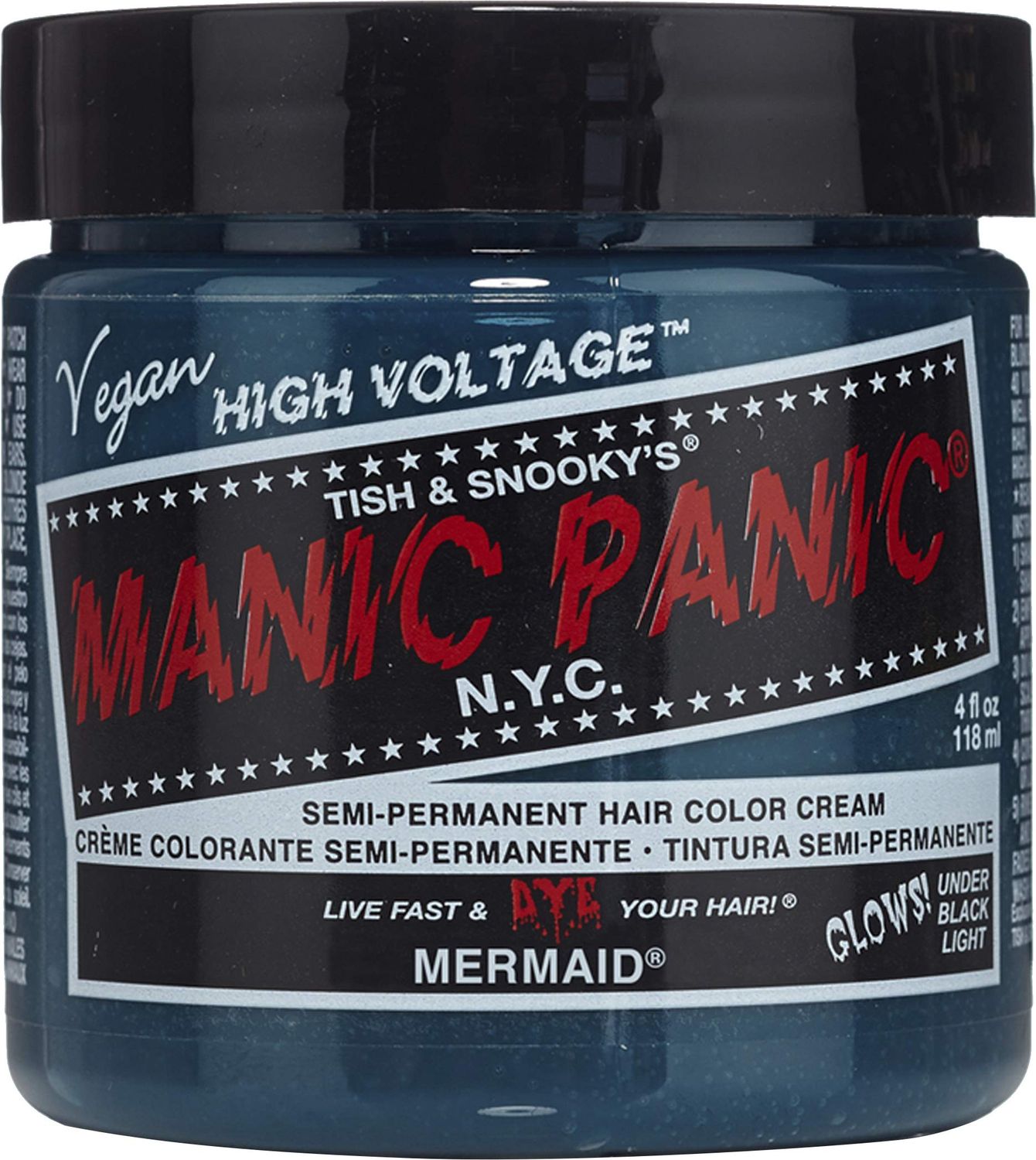 MANIC PANIC Mermaid Hair Dye - Classic High Voltage - Semi Permanent Hair Color - Neon, Cool Ocean Blue, Slightly Green Undertones - Glows In Blacklight - Vegan, PPD &amp; Ammonia-Free - For Coloring Hair