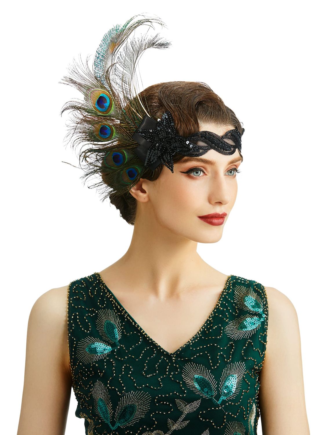 BABEYOND 1920s Flapper Headband Peacock Feather Headpiece Gatsby Accessories for Women Sequined Showgirl Headpiece