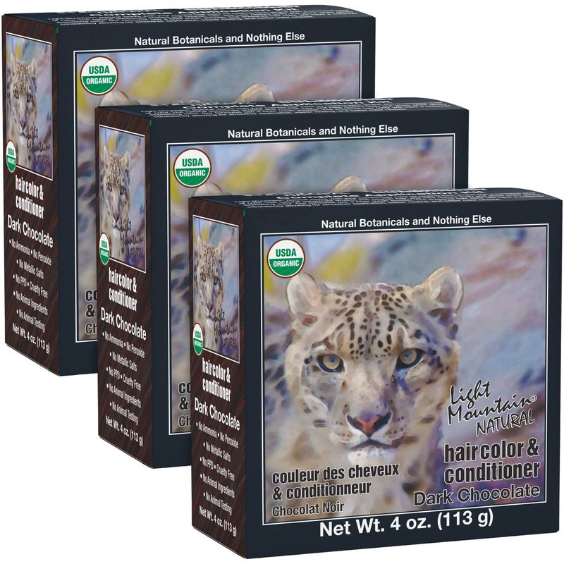 Light Mountain Henna Hair Color &amp; Conditioner - Dark Chocolate Hair Dye for Men/Women, Organic Henna Leaf Powder and Botanicals, Chemical-Free, Semi-Permanent Hair Color, 4 Oz (Pack of 3)