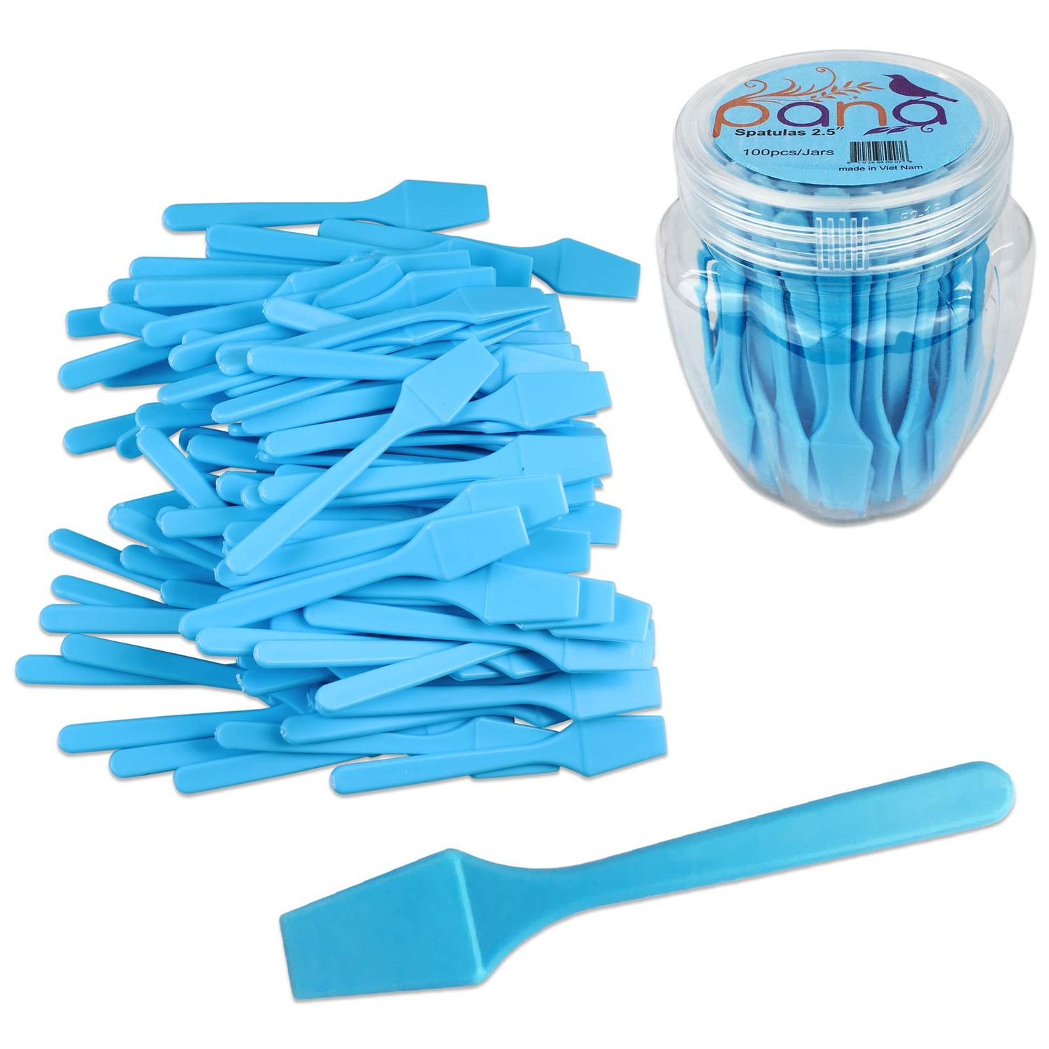 pana Brand Cosmetic Make Up Disposable Plastic 2.5Inch Spatulas Skin Care Facial Cream Mask Spatula (100 Pieces in a Container) (BLUE)