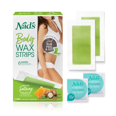 Nad&#39;s Body Wax Strips Hair Removal For Women At Home plus 4 Calming Oil Wipes, 24 Count