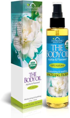 US Organic Body Oil - Rich Floral Ylang Ylang - Jojoba and Flaxseed Oil with Vitamin E, USDA Organic, No Alcohol, Paraben, Artificial Detergents, Color or Synthetic perfumes, 5 Fl.oz. (YlangYlang)