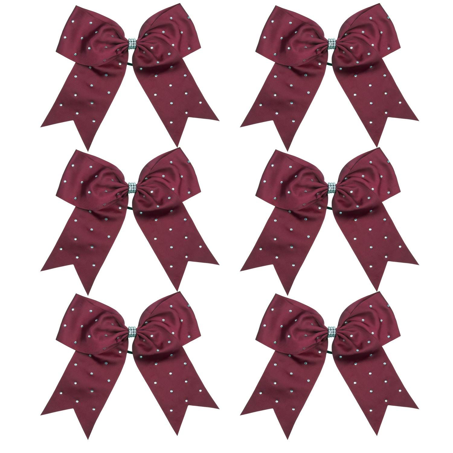 8 Inch Jumbo Cheerleader Bows with Bling Fling Rhinestones Ponytail Holder Cheerleading Bows Hair Tie 6 Pcs College (Dark Maroon)