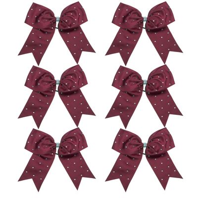 8 Inch Jumbo Cheerleader Bows with Bling Fling Rhinestones Ponytail Holder Cheerleading Bows Hair Tie 6 Pcs College (Dark Maroon)