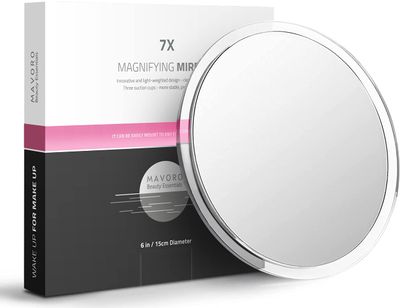 Mavoro Magnifying Mirror with Suction Cups - Triple Suction Cup Stick on Mirror with 7X Magnification. Portable Travel Makeup Mirror, Magnified Cosmetic Mirror (7X)