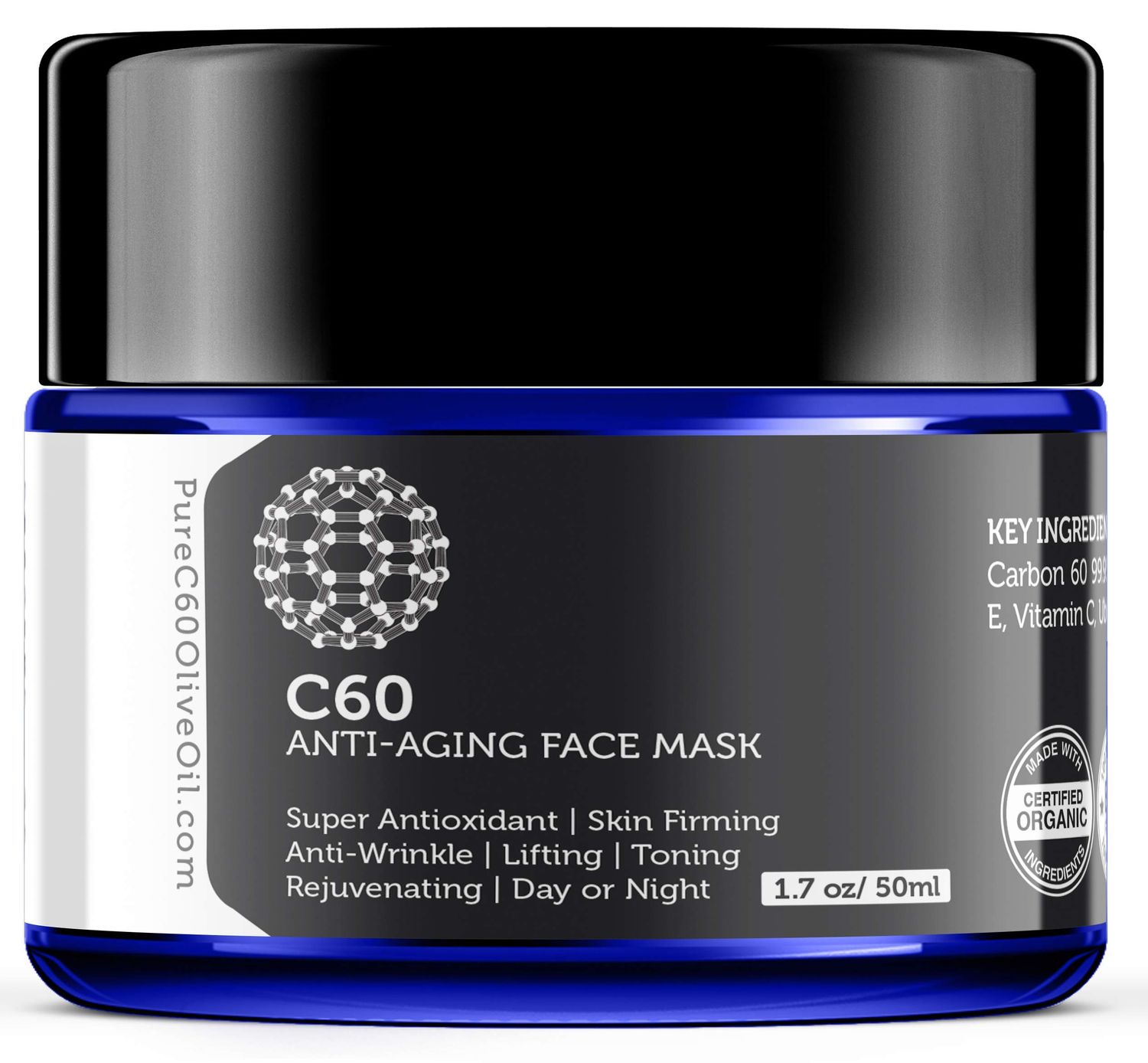 C60 Anti-Aging Face Mask 50ml with Green Tea, Aloe, Ubiquinone (CoQ 10), Vitamin E and Vitamin C for Men &amp; Women Made with Organic Ingredients - From The Leading Global Producer
