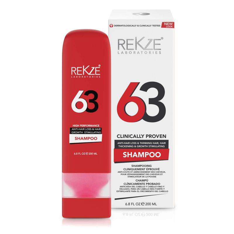 REKZE 63 Hair Growth Shampoo - Clinically Proven Extra Strength Formula with Biotin, Caffeine, Zinc - Regrowth, Thickening Therapy for Men &amp; Women, DHT Blocker Prevents Thinning &amp; Hair Loss