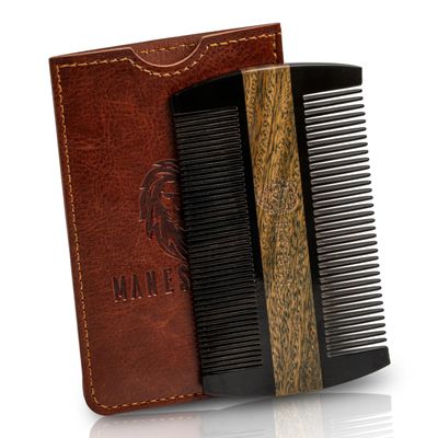 Premium Natural Ox horn and Sandalwood Beard Comb Dual-Action | Double Sided Beard &amp; Mustache Comb with Brown Protective Case | Perfect Grooming Companion &amp; Gift for Men - by Man &amp; Mane