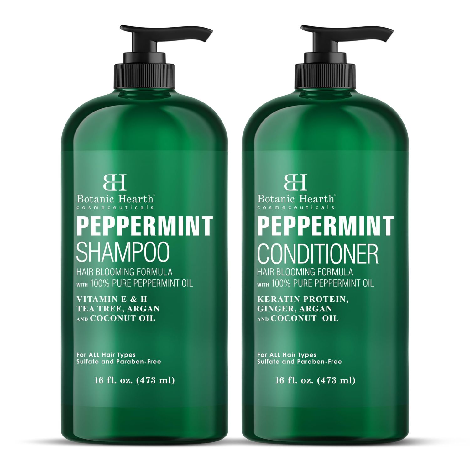 BOTANIC HEARTH Peppermint Oil Shampoo and Conditioner Set - Hair Blooming Formula with Keratin - Fights Hair Loss &amp; Thinning, Promotes Hair Growth-Sulfate Free for Men and Women - 16 fl oz x 2
