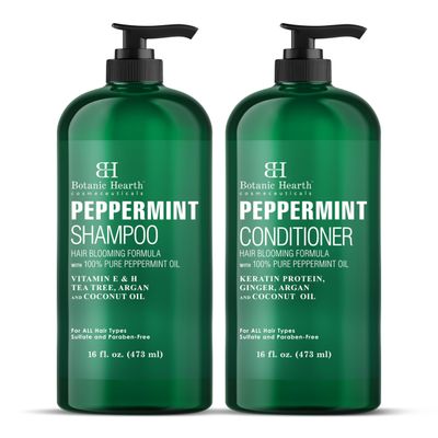 BOTANIC HEARTH Peppermint Oil Shampoo and Conditioner Set - Hair Blooming Formula with Keratin - Fights Hair Loss &amp; Thinning, Promotes Hair Growth-Sulfate Free for Men and Women - 16 fl oz x 2