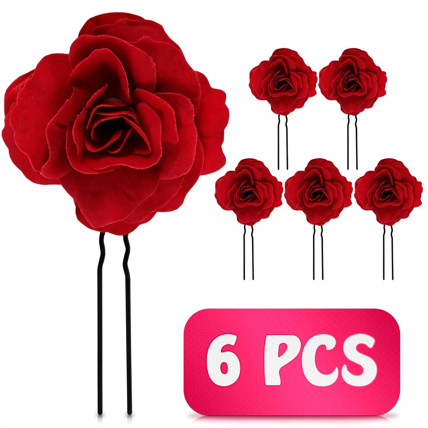 6Pcs Red Rose Hair Clip - Red Flower Hair Clip Red Hair Accessories for Women Red Flower for Hair Rose Clips for Hair Red Flower Pins for Hair - Red Flower Hair Accessories for Women Red Rose for Hair