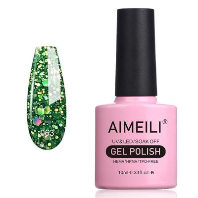 AIMEILI Soak Off U V LED Gel Nail Polish - Diamond Glitter Fire Green (063) 10ml