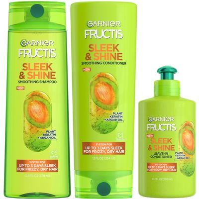 Garnier Fructis Sleek &amp; Shine Shampoo, Conditioner + Leave-In Conditioer Set for Frizzy, Dry Hair, Plant Keratin + Argan Oil (3 Items), 1 Kit (Packaging May Vary)